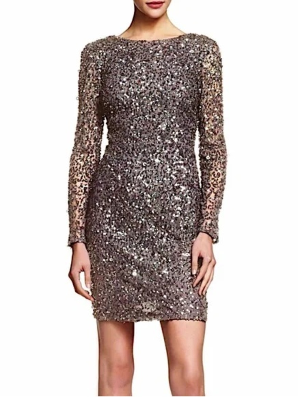 NWT Adrianna Papell Gray Sequin Beaded Long Sleeve Cocktail Dress Size 0 $75OBO